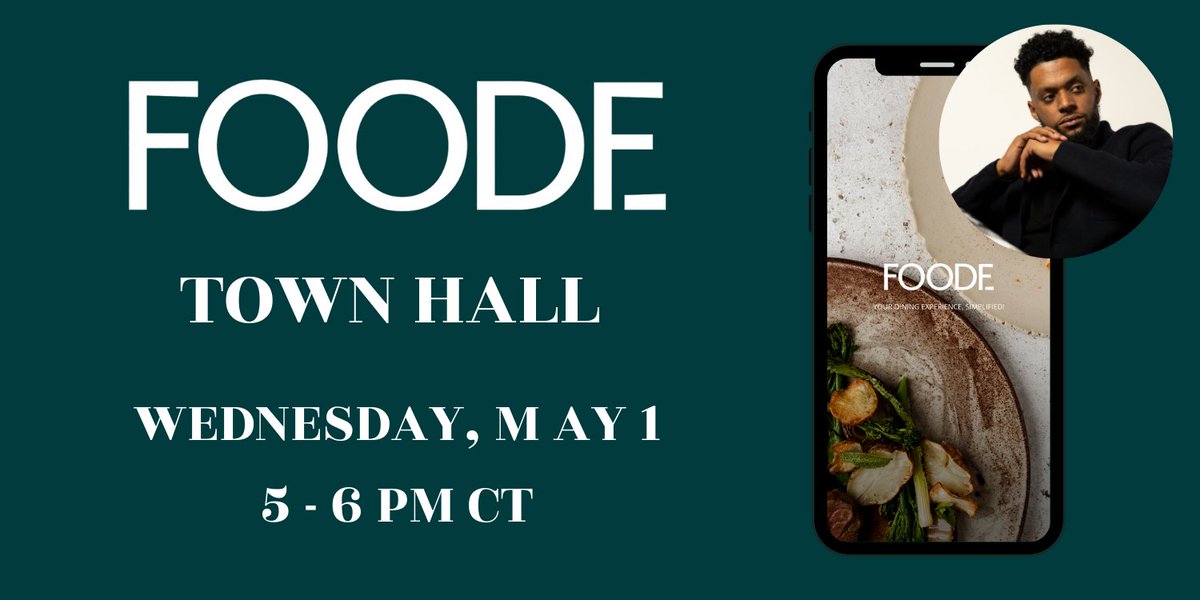 Join Foode's virtual #TownHall this Wed! 

CEO @Kclay16 shares updates on our 'e' #AI model, strategic initiatives, & #FutureOfFood Week Launch.

Date: Wed, May 1st, 
Time: 5 pm CST/6 pm EST.

Register by tapping the #LinkInBio !