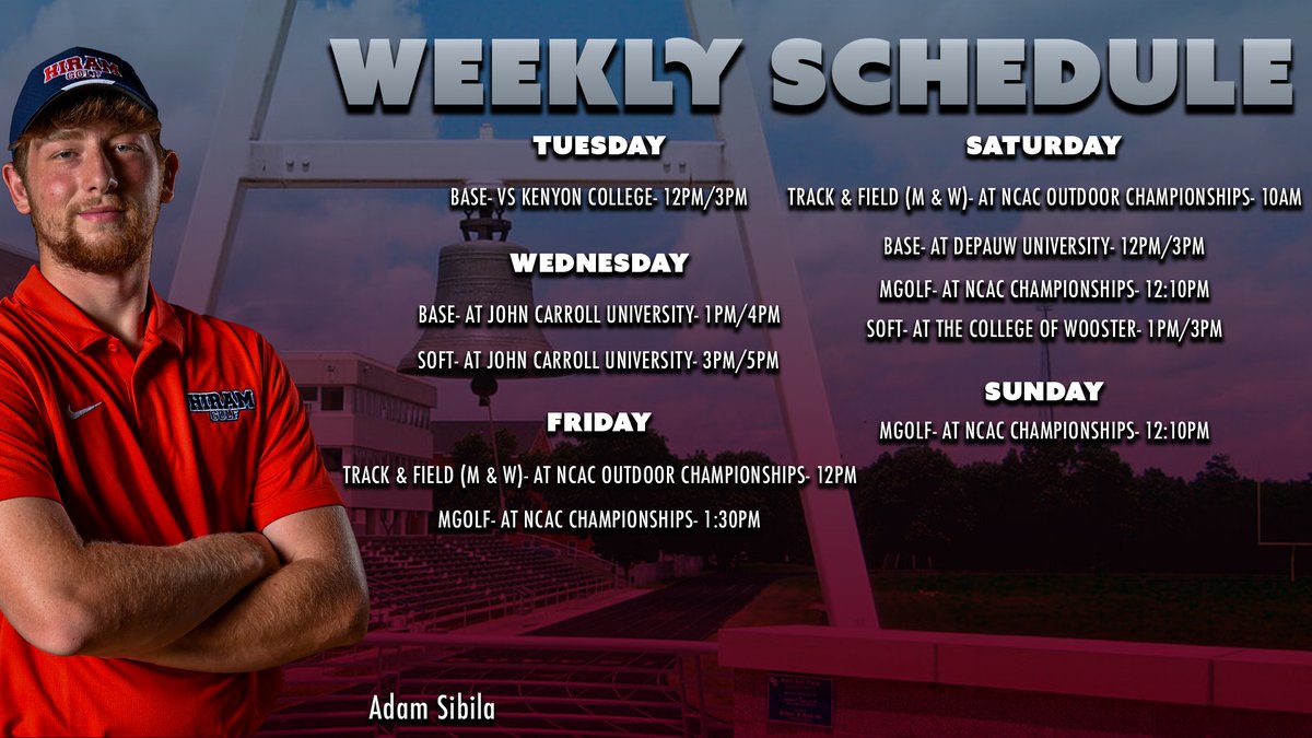 🗒️Weekly Schedule!

The spring sports season is in its closing stretch -- be sure to follow all of Hiram's teams as they make a push into the postseason! #TerrierNation