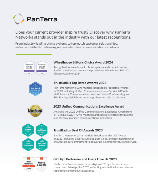 Experience PanTerra Networks: Trusted for cloud communications. G2 High Performer, @TrustRadius Top Rated, @Wheelhouse Editor's Choice. Reach out now! #UCaaS #CloudCommunications
