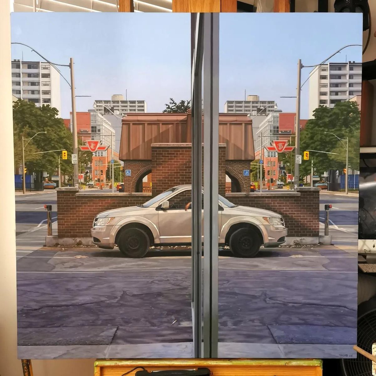 Finally finished a new one! 4x4', oil on canvas. I think I'm calling it, “It could go either way'. #oilpainting #oiloncanvas #realism  #contemporaryrealism  #cityscape #reflection #canadian_art_daily #canadianart  #artwork_in_studio #artistoninstagram  #itcouldgoeitherway