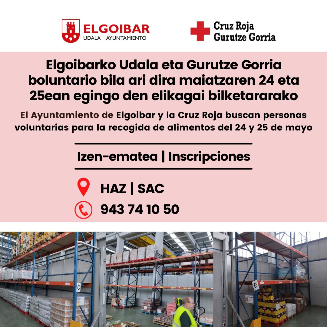 🤝 Elgoibarko Udalak eta Gurutze Gorriak herritarrei dei egin diete Gipuzkoako Elikagaien Bankuak maiatzaren 24an eta 25ean egingo duen Elikagai Bilketan boluntario gisa parte hartzera 🔗 ES: labur.eus/8szRU | EU: labur.eus/lScT3 #Elgoibar ↗️