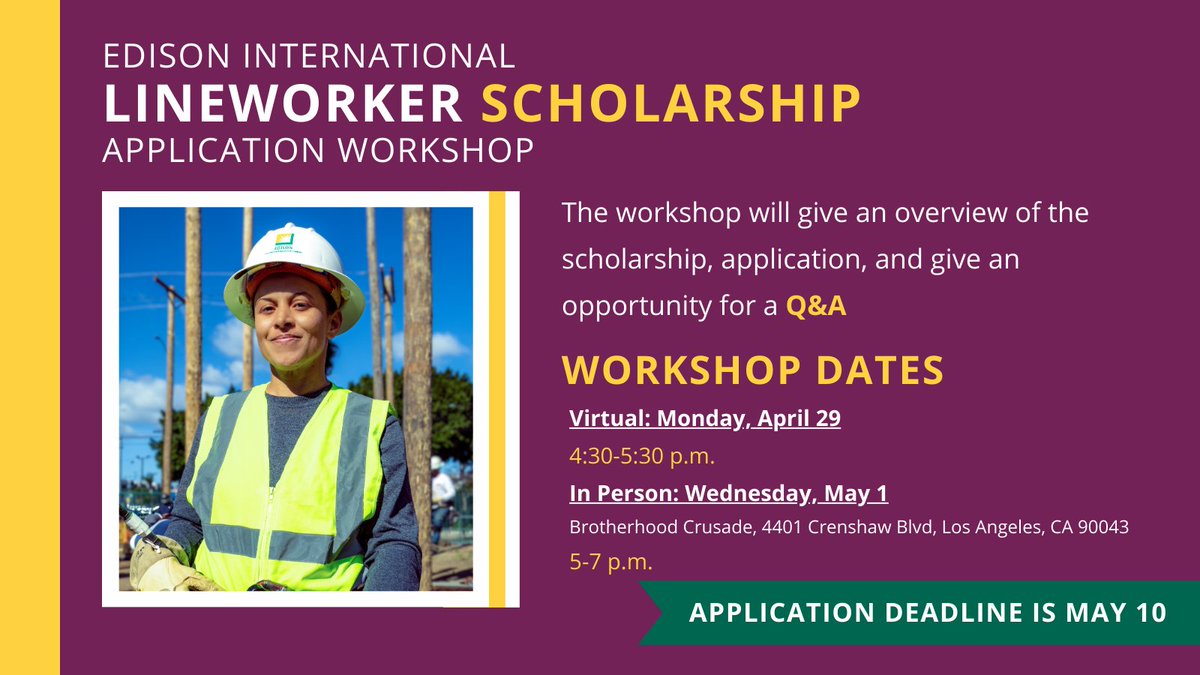 Don't miss our Lineworker Scholarship workshop this evening! 💡 Learn all about the scholarship, the application process and get your questions answered. Click to join at 4:30 p.m. on.sce.com/44gfs0y Can't attend today? Join us on May 1 for an in-person workshop.