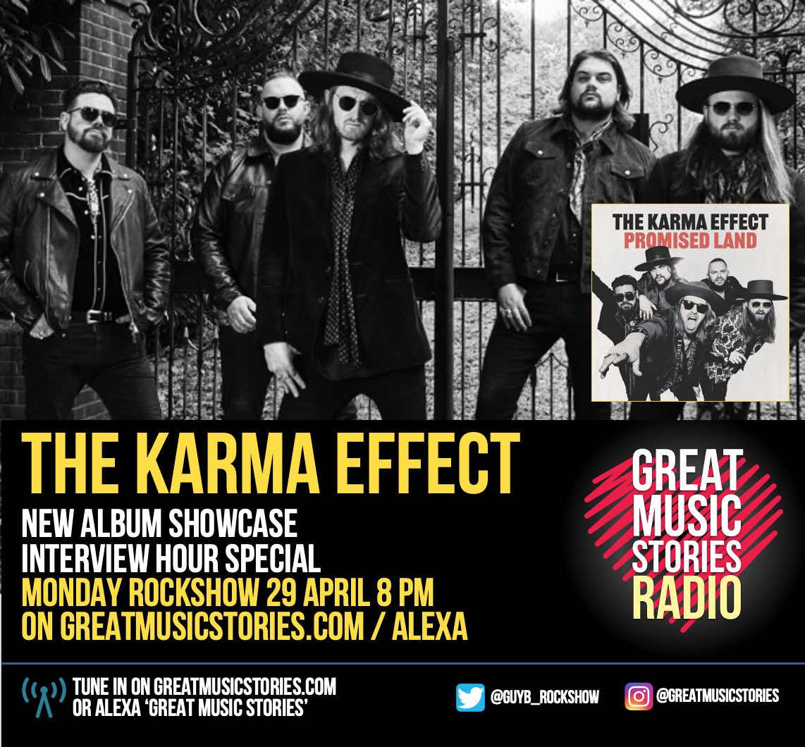 Off we go folks. Starting now and rolling for the next hour, interview hour special with @KarmaEffectUK on their new album out on Friday via @EaracheRecords Monday rockshow til late on greatmusicstories.com / alexa. Enjoy x
