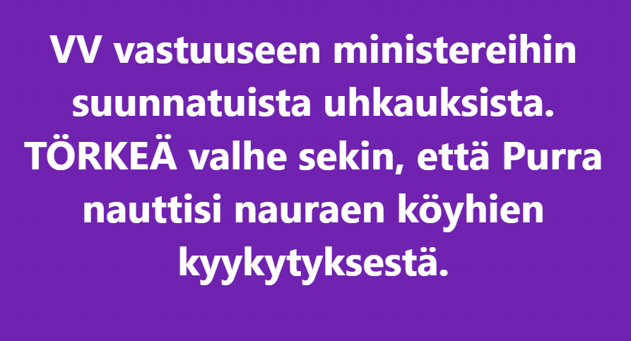 Olenko ainoa, joka kauhuissaan seurannut vihan lietsontaa ministereitä vastaan VALHEIDEN VARASSA. Purran tuntevat tietävät valheeksi tuonkin ilkeyden. Ja se kuukausia kestänyt hullun huuto eduskunnassa, mitä propagandaa vihervasemmisto on huutanut. PELKKÄÄ VIHAA @ir_rkp