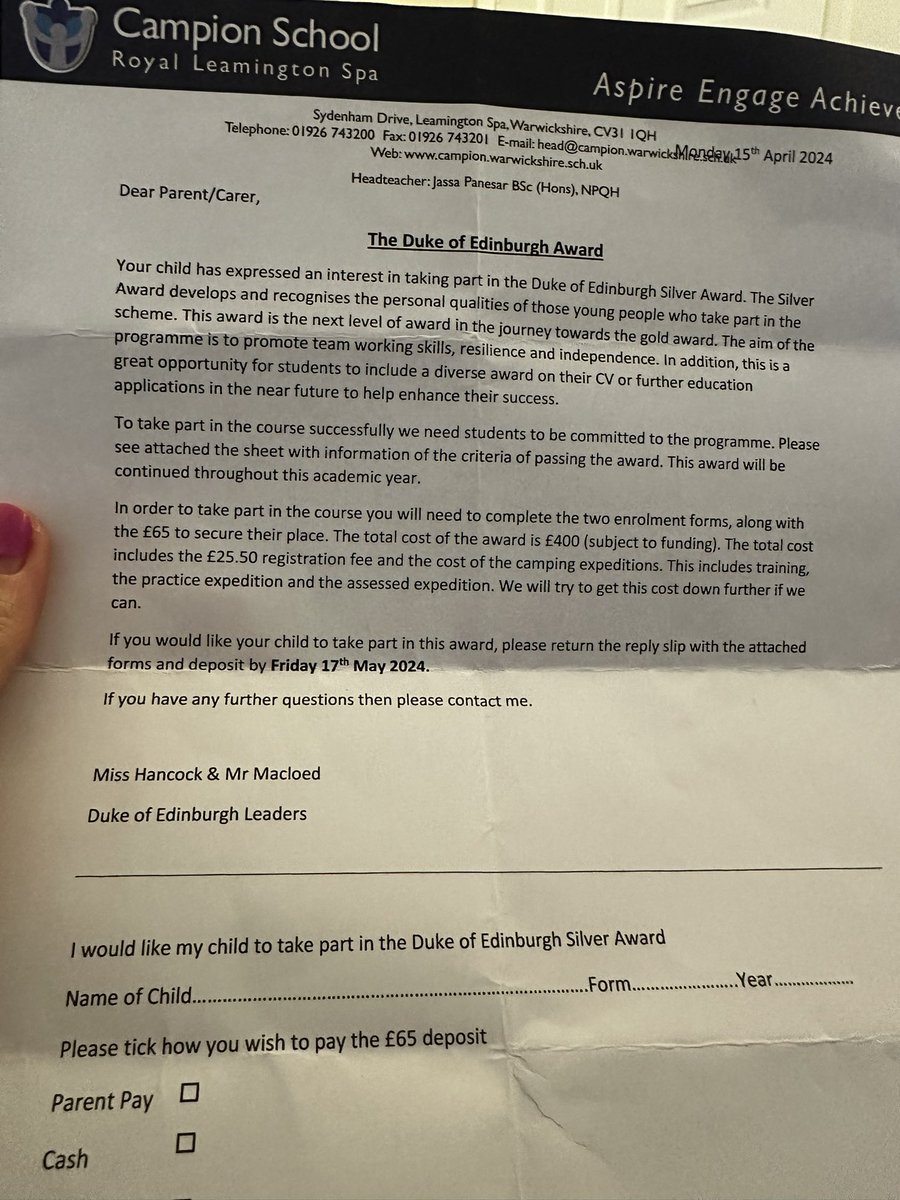 DaTwace's tweet photo. @CampionSchool Letter says return the slip by 17th so which date is it please? https://t.co/tcqpwvj9oD
