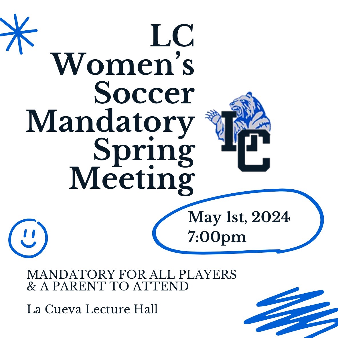 LCHSBearsSoccer Boosters (@lchsbearssoccer) on Twitter photo This Wednesday
MAY 1st
MANDATORY MEETING FOR ALL INCOMING AND CURRENT PLAYERS AND A PARENT TO ATTEND.
7pm LCHS Lecture Hall
#WALC 🐻⚽️
<a href="/PrincipalLCHS/">La Cueva High School</a> <a href="/Cueva_Athletics/">LCAthletics</a> <a href="/DesertRidgeMS/">Desert Ridge MS</a> <a href="/EMSGenerals/">Eisenhower Middle School</a> This Wednesday
MAY 1st
MANDATORY MEETING FOR ALL INCOMING AND CURRENT PLAYERS AND A PARENT TO ATTEND.
7pm LCHS Lecture Hall
#WALC 🐻⚽️
<a href="/PrincipalLCHS/">La Cueva High School</a> <a href="/Cueva_Athletics/">LCAthletics</a> <a href="/DesertRidgeMS/">Desert Ridge MS</a> <a href="/EMSGenerals/">Eisenhower Middle School</a>