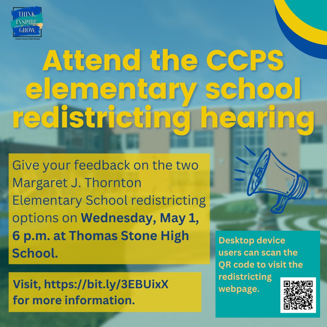 Give your feedback at the Margaret Jamieson Thornton Elementary School redistricting process hearing on Wednesday, May 1 at 6 p.m. at Thomas Stone High School. Visit, bit.ly/3EBUixX for more information.