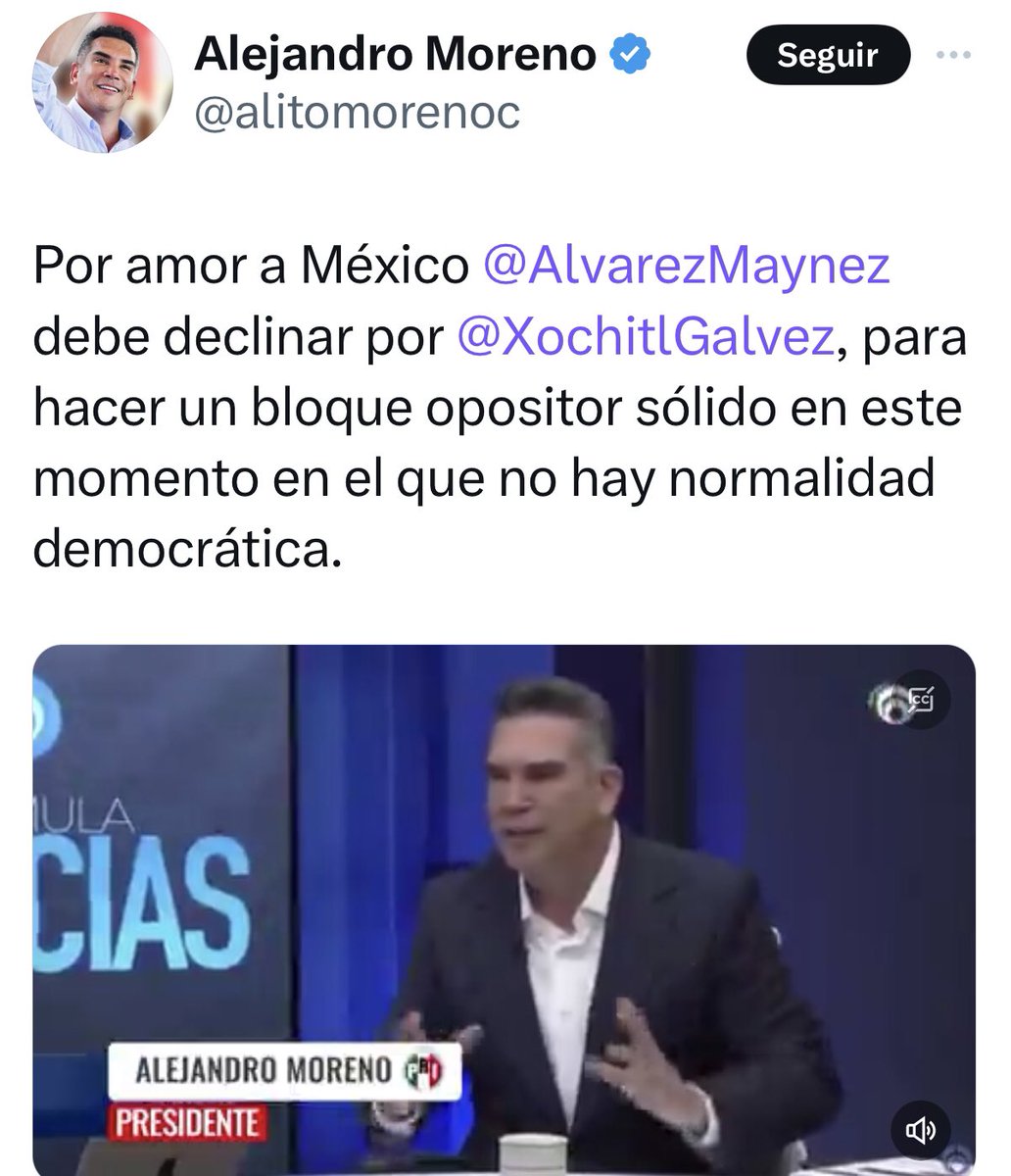 La desesperación de verse superados por @AlvarezMaynez y pasar a ser el tercer lugar por la presidencia obliga a @alitomorenoc a pedir desesperadamente que decline a favor de su candidata @XochitlGalvez ¿se le olvida que #Mainez es compadre de @samuel_garcias al que los