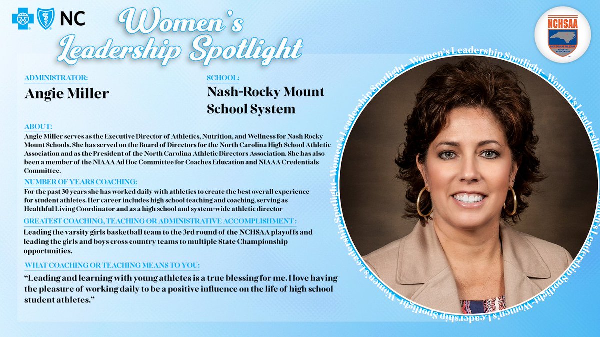 Congratulations to Angie Miller of the Nash-Rocky Mount School System for being recognized as this month's Women's Leadership Spotlight presented by @BlueCrossNC!