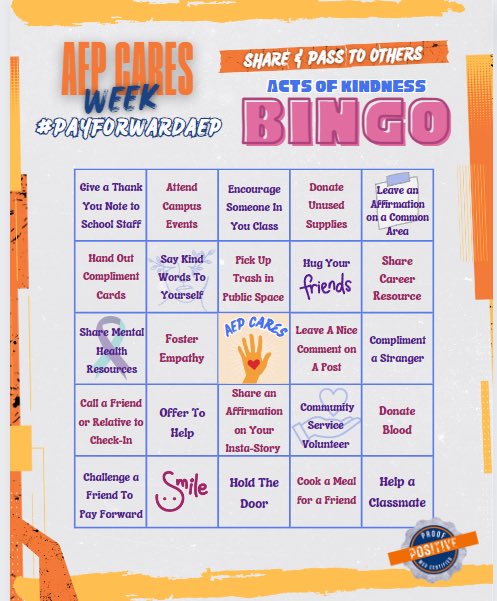 🌟 Join us in spreading kindness with our Instagram Bingo Challenge! 🌟 

Get ready to make a difference with acts of kindness and pay-it-forward initiatives. Let’s create a ripple effect of positivity together!

#AEPCaresWeek #PayItForwardAEP #SpreadKindness #PayItForward