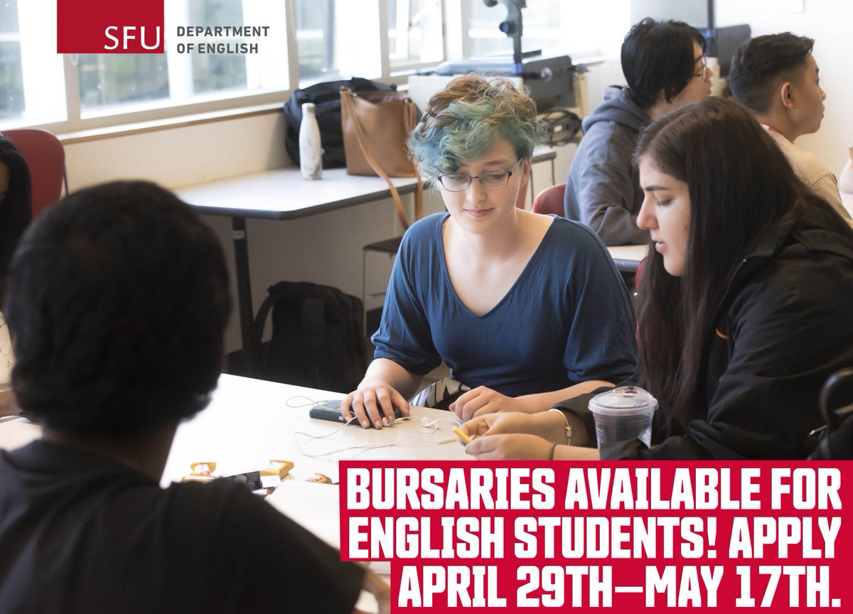 Bursary applications open today! You don't need to specify the individual bursaries for which you want to apply. If you're eligible, you'll be considered for all available bursaries. Also, you can apply for #sfuenglish prizes until Wednesday. More info: buff.ly/3LuN7cF