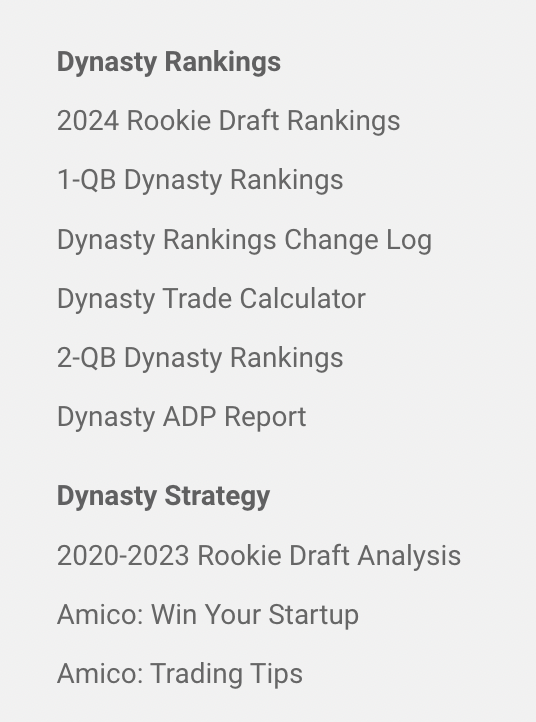 DYNASTY Players: Can find all our updated content as part of Draft Kit Pro. * 2024 Rookie Draft Rankings * Updated Dynasty Rankings * Change Log * Trade Calculator * @2Hats1Mike's look at Rookie Draft Strategy