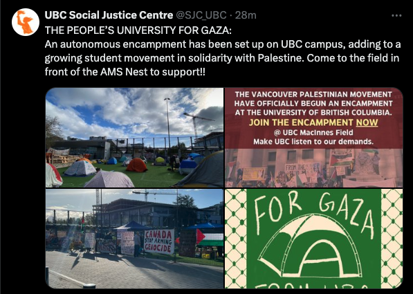 NEW: Anti-Israel encampment pops up at UBC. #CampusWatch