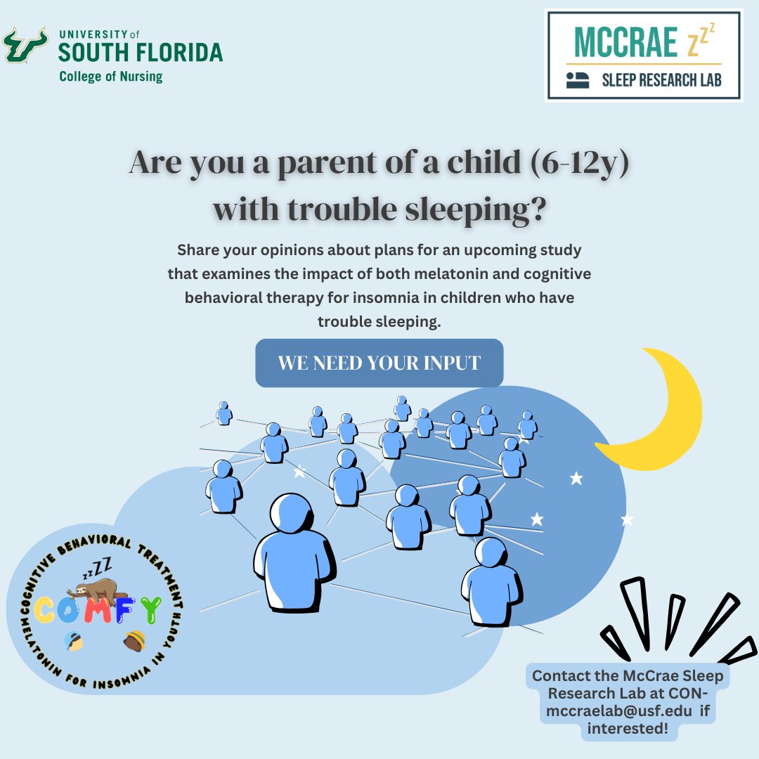 McCrae Sleep Research Lab (@mccraesleep) on Twitter photo Help us design research that will directly impact your child and communities' life. We need your input on our upcoming study comparing the impact of both melatonin and CBTi in children ages 6-12 with sleep troubles. If interested, please reach out to our email. <a href="/USFResearch/">USF Research</a> Help us design research that will directly impact your child and communities' life. We need your input on our upcoming study comparing the impact of both melatonin and CBTi in children ages 6-12 with sleep troubles. If interested, please reach out to our email. <a href="/USFResearch/">USF Research</a>