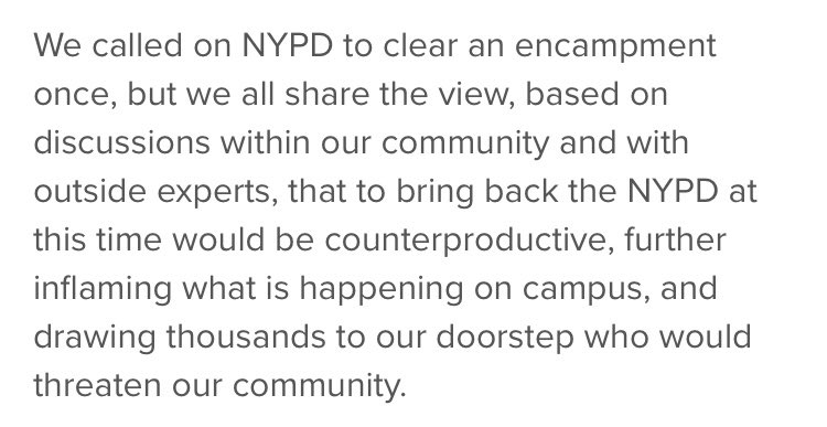 I asked Columbia comms officials if an NYPD response is an option for today given passage of 2 p.m. deadline. Was told “nothing further to add” beyond Shafik statement from Friday (screenshot below) saying cops on campus “at this time would be counterproductive”