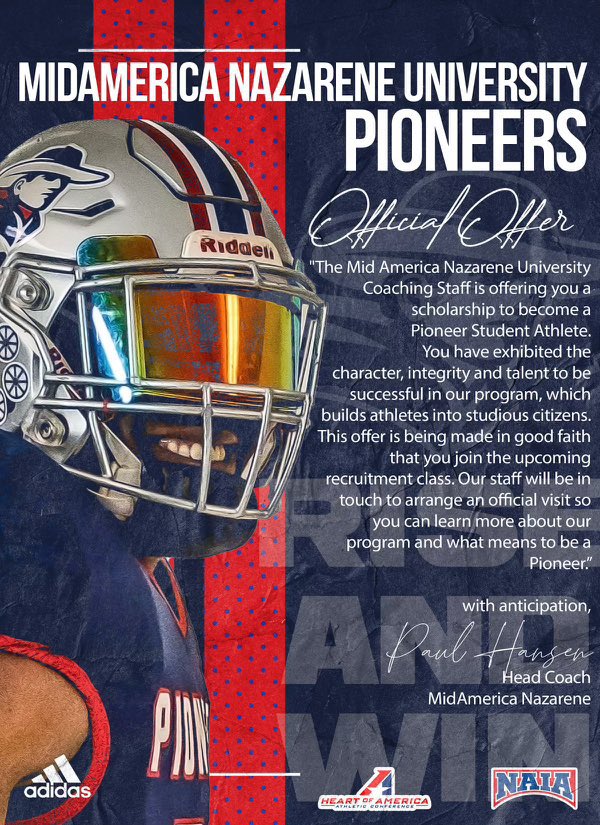 #AGTG I’m blessed to receive my first offer from Mid American Nazarene @QBCoachCortez @RSFootballHC @Coach_ZMorel