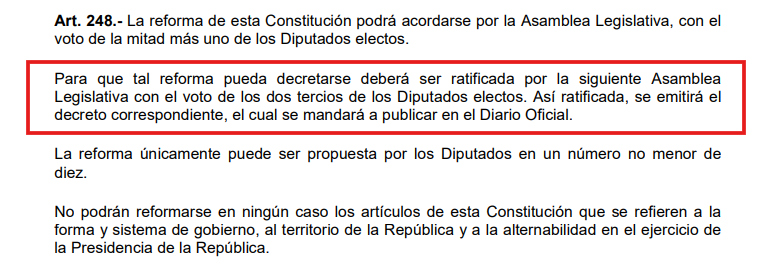 #ÚltimaHora || @AsambleaSV aprobará con dispensa de trámite reformar el inciso segundo del artículo 248 de la Constitución. ▶ Las reformas constitucionales podrán ser decretadas por la misma legislatura con la aprobación de tres cuartas partes.