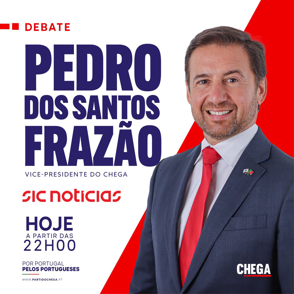 Até já, na @SICNoticias, pelas 22h para debater aquilo que verdadeiramente importa com outros representantes dos partidos políticos! #CHEGA