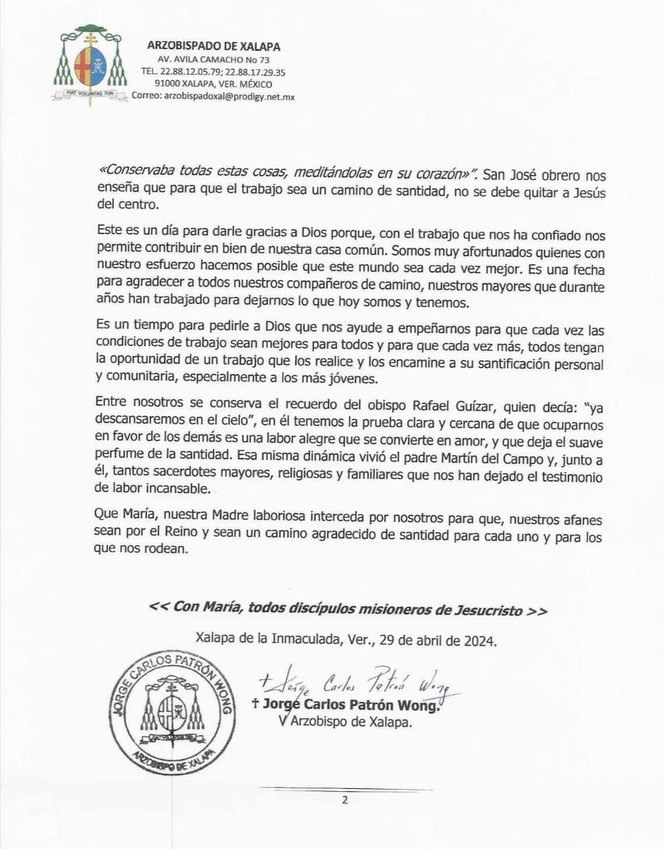 𝗖𝗼𝗺𝘂𝗻𝗶𝗰𝗮𝗱𝗼 𝗮𝗹 𝗽𝘂𝗲𝗯𝗹𝗼 𝗱𝗲 𝗗𝗶𝗼𝘀 “El trabajo es camino de santificación” +Jorge Carlos Patrón Wong Arzobispo de Xalapa