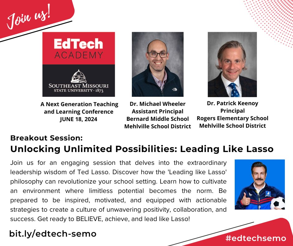 Join <a href="/MehlvilleSD/">Mehlville School District</a> leaders, <a href="/Mike_Wheeler_/">Dr. Mike Wheeler</a>, Assistant Principal at <a href="/BernardMiddle/">Bernard Middle MSD</a>, and <a href="/Principal_RES/">Patrick R. Keenoy, PhD</a>, Principal at <a href="/RogersElem/">Rogers Elementary School</a>, for "Unlocking Unlimited Possibilities: Leading Like Lasso" at #edtechsemo on June 18!

bit.ly/edtech-semo