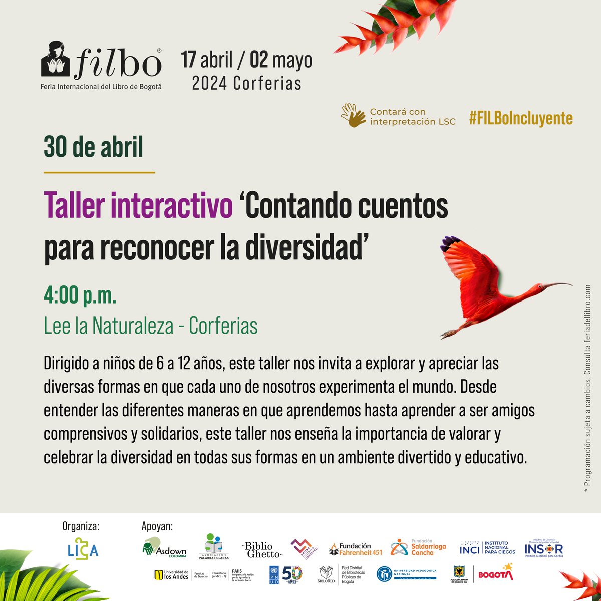 ¡Invitación para niñas y niños de 6 a 12 años!👧👦 ¡Únanse este martes 30 de abril al taller interactivo 'Contando cuentos para reconocer la diversidad'! Este evento inclusivo es organizado por @Ligautismo como parte de la #FILBo2024. ¡Los esperamos! #FILBoIncluyente 📚