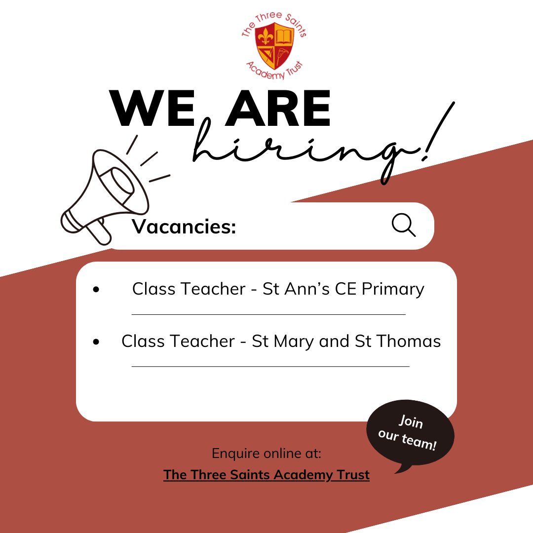 @the3saints are seeking to appoint two highly motivated, enthusiastic class teachers to our forward-thinking, growing trust 🏫. For more information please click on the following link 💻: three-saints.org.uk/pages/vacancie… #ThreeSaintsEYFS @StAnnsRainhill @stmarythomas
