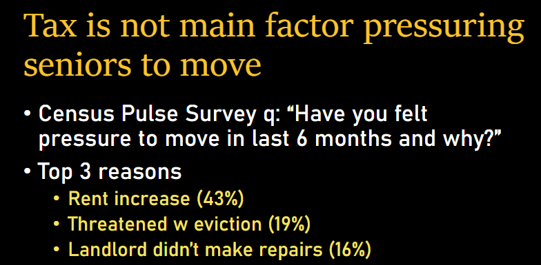 If we want to address housing insecurity for senior New Jerseyans, we need to start with *renters*, not homeowners. Census Pulse survey data showed the reasons seniors feel 'pressure to move in last 6 months' in NJ. Top 3 all renter issues! Taxes not listed.