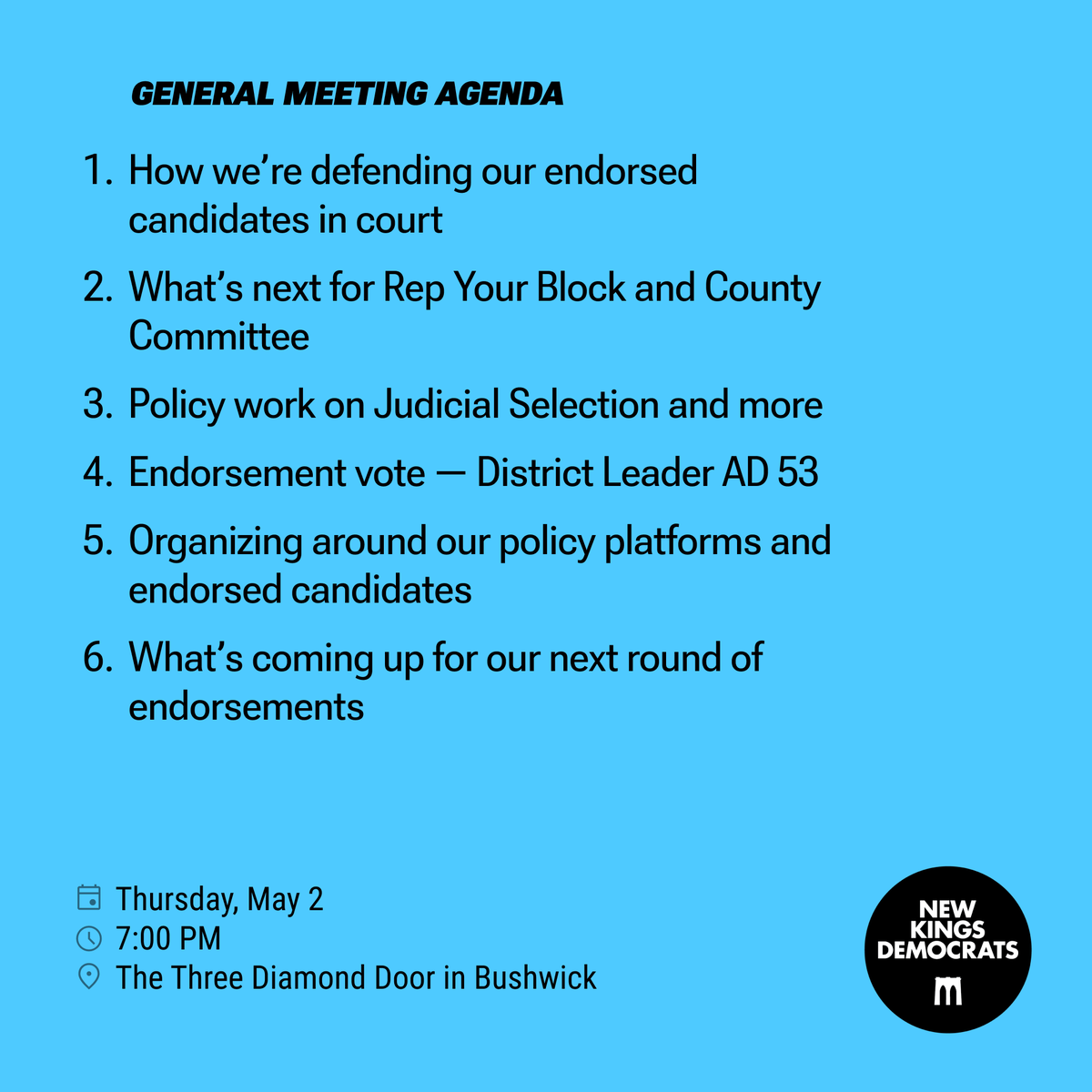 ☀️ Our May 2nd General Meeting will be in person! We'll discuss how we are defending our endorsed candidates in court and keeping the momentum rolling into the June primary. We hope to see you there🌸