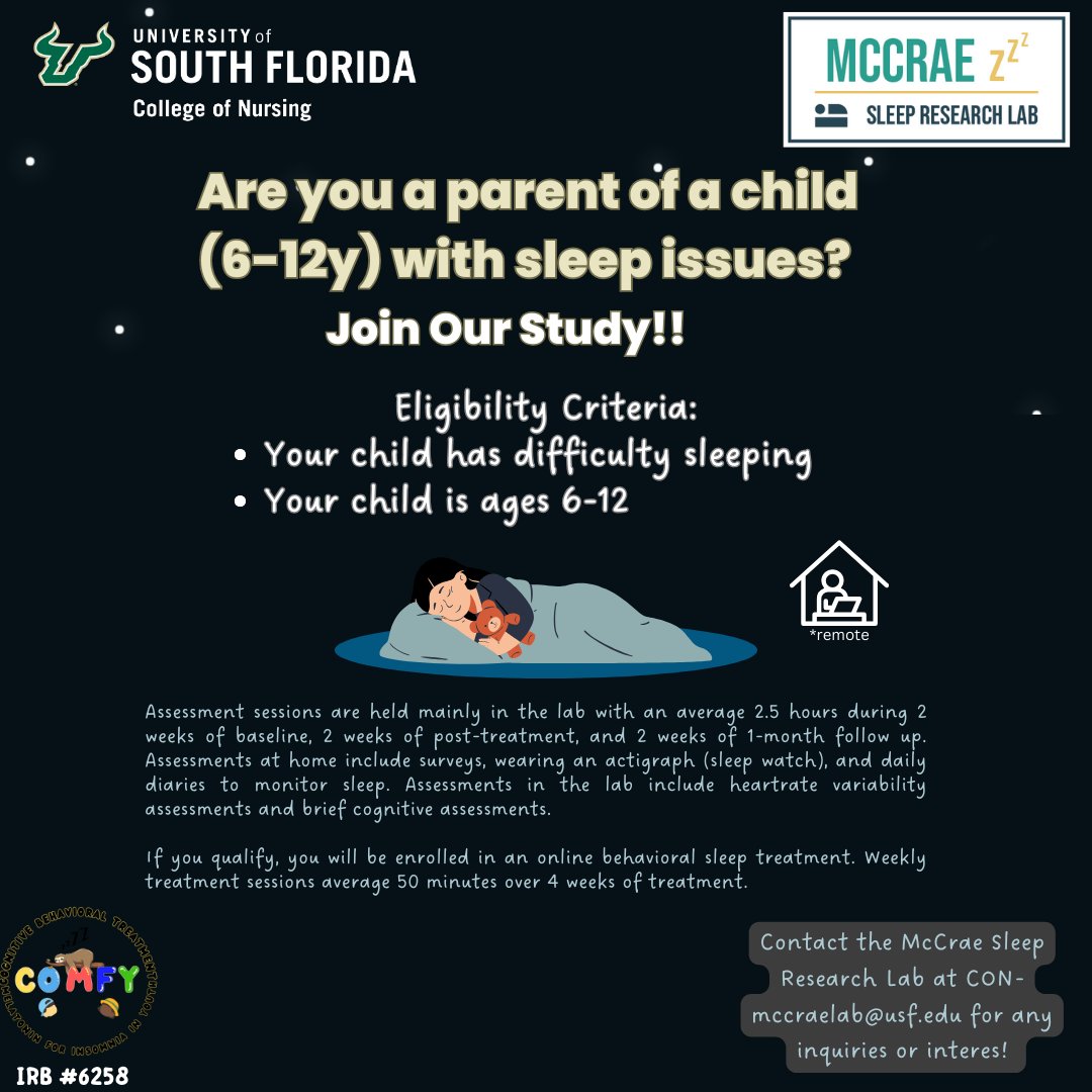 McCrae Sleep Research Lab (@mccraesleep) on Twitter photo Is your child (ages 6-12yo) having trouble sleeping? Take a part in our behavioral sleep intervention for some potential benefits (increased sleep knowledge and sleep improvement)! Contact us at CON-mccraelab@usf.edu to see if you qualify!
#sleep #melatonin #vs #cbti #tampabay Is your child (ages 6-12yo) having trouble sleeping? Take a part in our behavioral sleep intervention for some potential benefits (increased sleep knowledge and sleep improvement)! Contact us at CON-mccraelab@usf.edu to see if you qualify!
#sleep #melatonin #vs #cbti #tampabay
