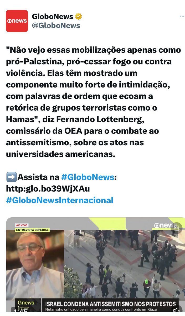 Lottenberg, da Conib, vê ameaças terríveis em manifestações estudantis e não tem uma palavra que seja contra o genocidio palestino. É o maior alimentador do antissemitismo no Brasil. Agora se apresenta como comissário da OEA , depois de ter sujado o nome da Conib