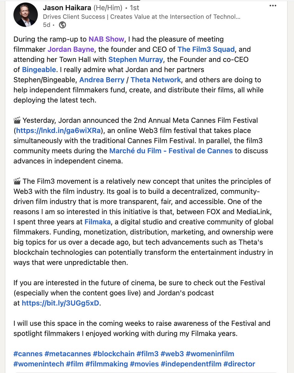 Humbled by this post regarding my vision of #Film3 What Im doing w/@Film3Squad @w3Andrea #theta @MetaCannes -how we're changing the industry🧱by 🧱 Days can feel heavy w/the endless grind, but then you see the light go on in seasoned industry pros and you know - this is the way