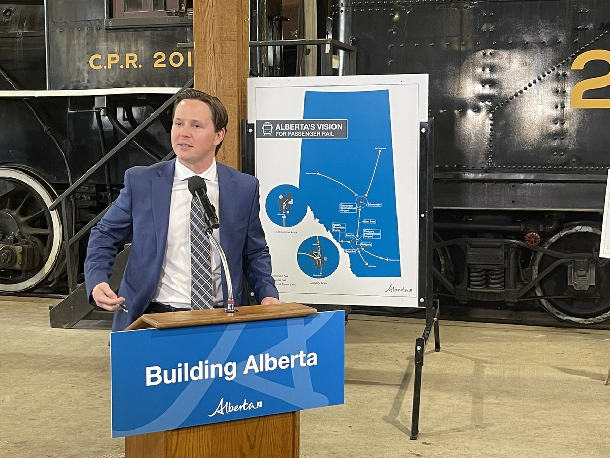 Minister Dreeshan says the plan is 6 parts: YEG line from downtown to airport YYC line from downtown to airport High speed line between YYC-YEG Rail in Banff and Jasper Grande Prairie and Ft Mac line Hub connecting rail to LRT in big cities