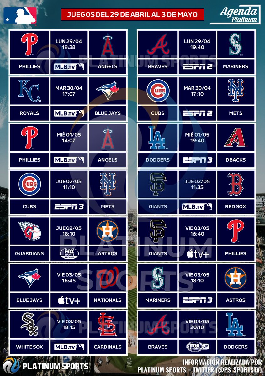 ⚾️ #AgendaPLATINUM - #MLB 🗓️ Juegos del 29 de abril al 3 de mayo ⏰📺 Horarios y transmisiones para México 🇲🇽 ➡️ Solo información de algunos juegos. ⚠️ Sujeto a cambios.