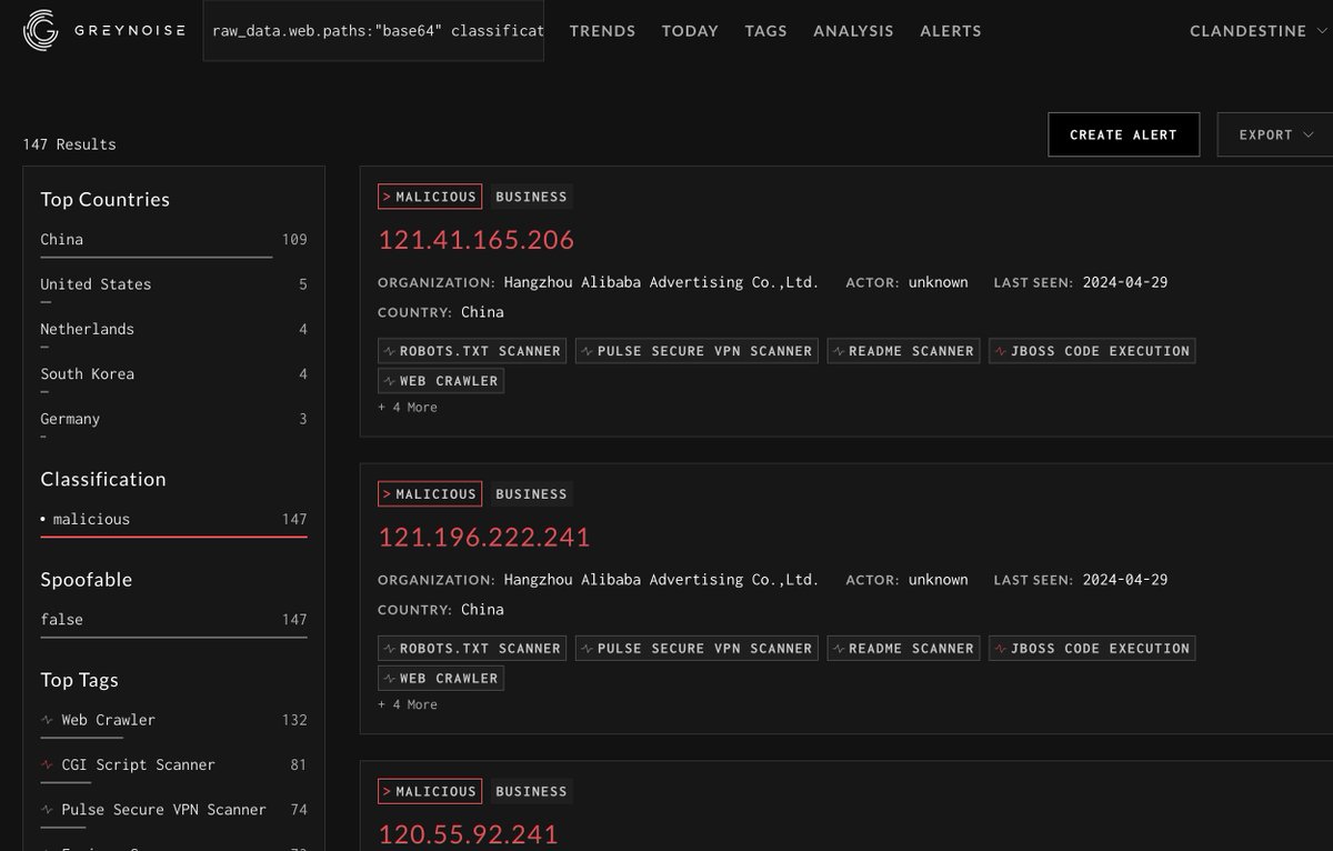 amazing tip @greglesnewich @GreyNoiseIO query raw_data.web.paths:'base64' classification:'malicious'