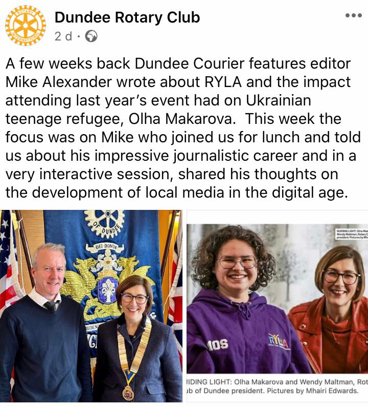 Thankyou to @RotaryDundee for the opportunity to talk about life at The Courier. The mince and tatties for lunch were a bonus! 😁