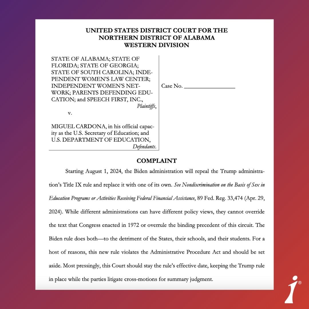 🚨 BREAKING: Female athletes, college students, parents, & state Attorneys General join @IWF, @DefendingEd, & @Speech_First in landmark lawsuit against Biden’s illegal #TitleIX rewrite! Learn more & read the lawsuit: iwf.org/2024/04/29/fem…