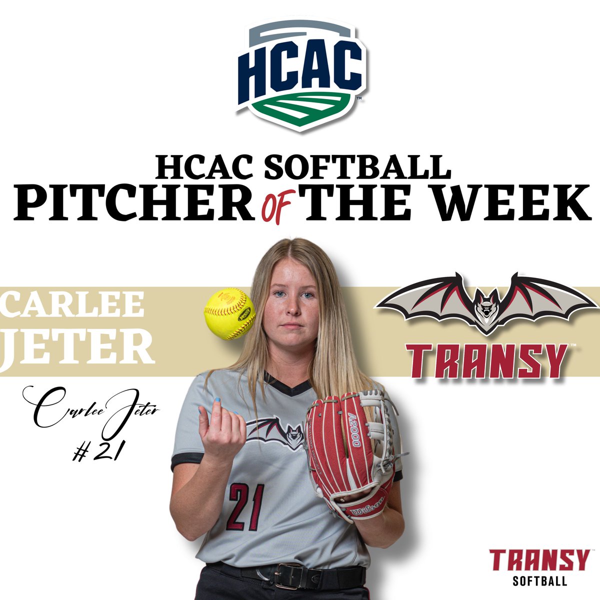 3 wins, 1 save, and a perfect game = @HCACDIII Pitcher of the Week! Congratulations to @TransySoftball’s Carlee Jeter on earning HCAC Softball Pitcher of the Week❗️ 🔗 tinyurl.com/tw326whw #FlyPios🦇