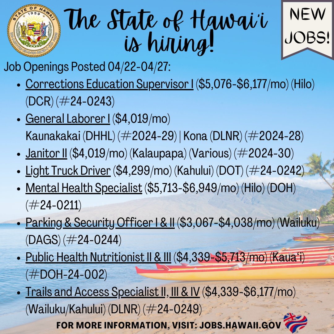 The State of Hawaiʻi is #hiring on the Neighbor Islands. Please visit jobs.hawaii.gov for more information. @hawaiidoh @dothawaii @hawaiidcr @dlnr @dhhl 

#hawaiiishiring #stateofhawaii #statejobs #jobopenings #recruitment #civilservice #publicservice