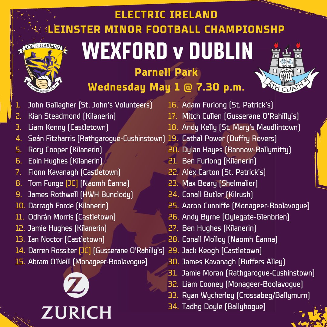 Our minor football team, proudly supported by @Zurich_Irl, for Wednesday's Leinster q/final v Dublin. We wish them all the best. 🎟️leinstergaa.ie/leinster-gaa-t… 📲Live updates here, with @eset_ireland 📹Streaming on clubber.ie