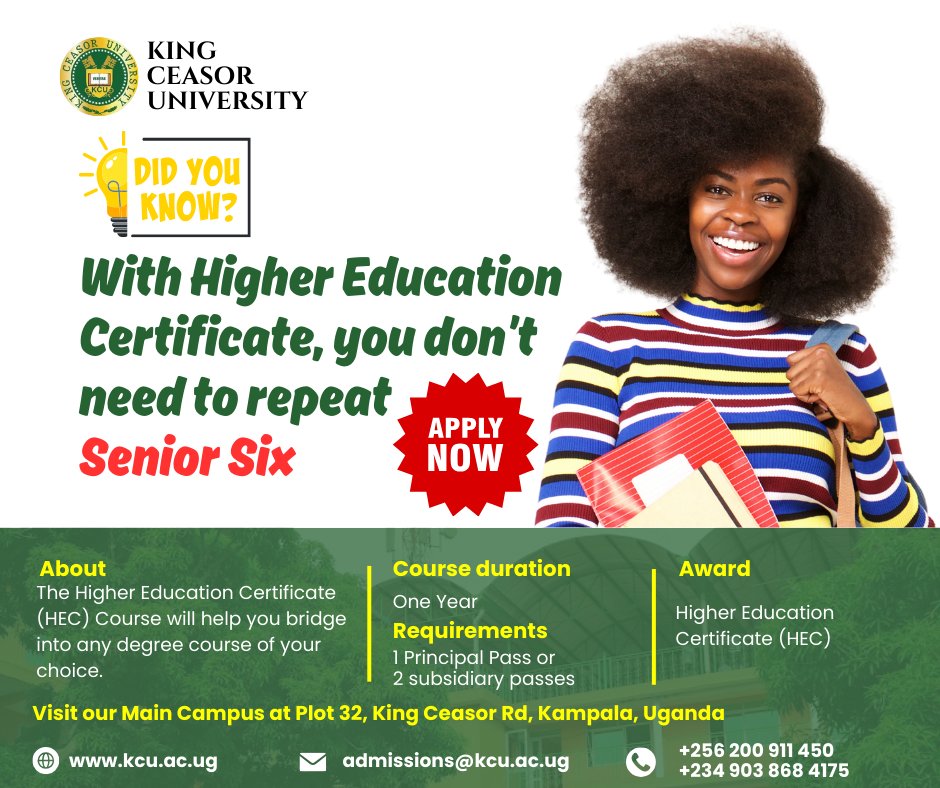 Unlock new opportunities with the higher education certificate. Say goodbye to repeating senior six and hello to your future. Apply now and step confidently into the next chapter of your journey at King Ceasor University. #HigherEducation #FutureReady #ApplyNow #KCU