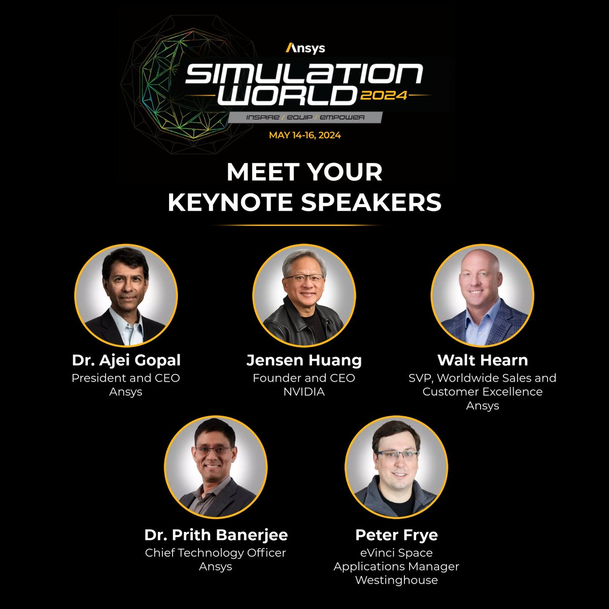 ANSYS's tweet image. Mark your calendars for #SimulationWorld! We have inspiring stories and unique perspectives on the world of simulation from leaders at Ansys, @nvidia, and @westinghouse.

You won&apos;t find these keynotes on demand, so get in early. Register now, for free at ansys.me/3UAYAi3