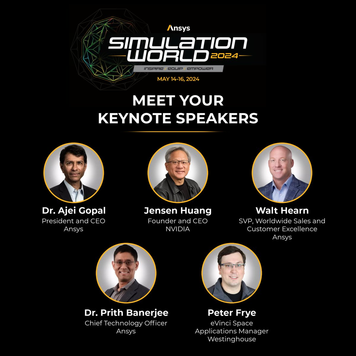 Mark your calendars for #SimulationWorld! We have inspiring stories and unique perspectives on the world of simulation from leaders at Ansys, @nvidia, and @westinghouse. You won't find these keynotes on demand, so get in early. Register now, for free at ansys.me/3UAYAi3