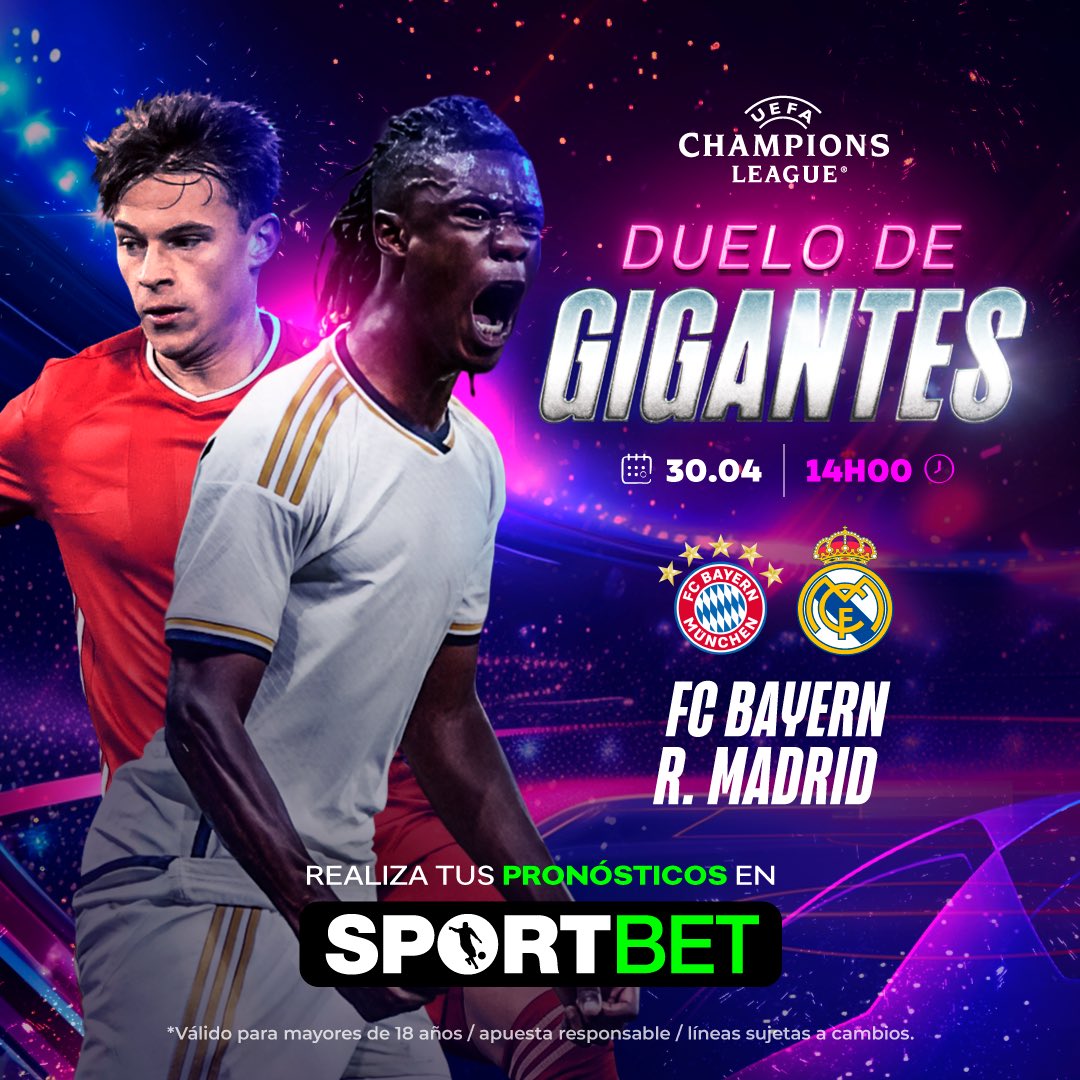 🏆La primera semifinal de Champions es protagonizada en el capítulo 1 con el vibrante partidazo del Bayern Múnich del goleador Harry Kane frente al máximo ganador de la competición Real Madrid con Vinicius a la cabeza. Pronostica la #ChampionsLeague en Sportbet, el deporte vibra…