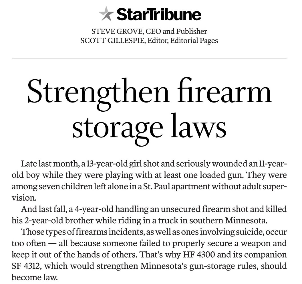 Requiring firearms to be stored safely will prevent senseless tragedies. The House will consider legislation today to require the safe storage of guns, require lost or stolen firearms to be reported to law enforcement, crack down on straw purchasing and ban binary triggers #mnleg