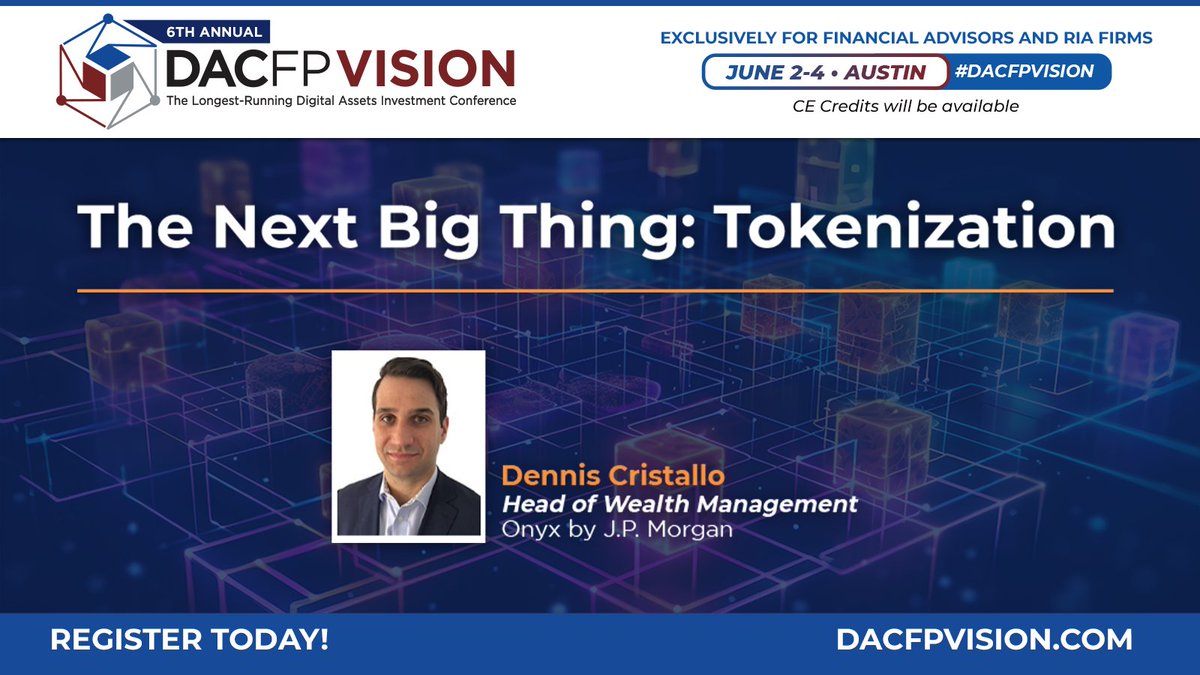 Discover how #tokenization is revolutionizing everything from driver’s licenses to education credentials with Dennis Cristallo from Onyx by @jpmorgan at VISION 2024, chaired by @ricedelman. Registration now open: bit.ly/dacfpvision24 #DACFPVISION #FinanceInnovation