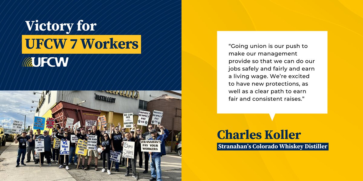 Earlier this month, members of @UFCW_7 who are employed as distillery workers at Stranahan’s Colorado Whiskey unanimously ratified their first union contract that strengthens workplace protections, wages, and benefits. That’s how it’s done! ➡️ bit.ly/3wdhRwv