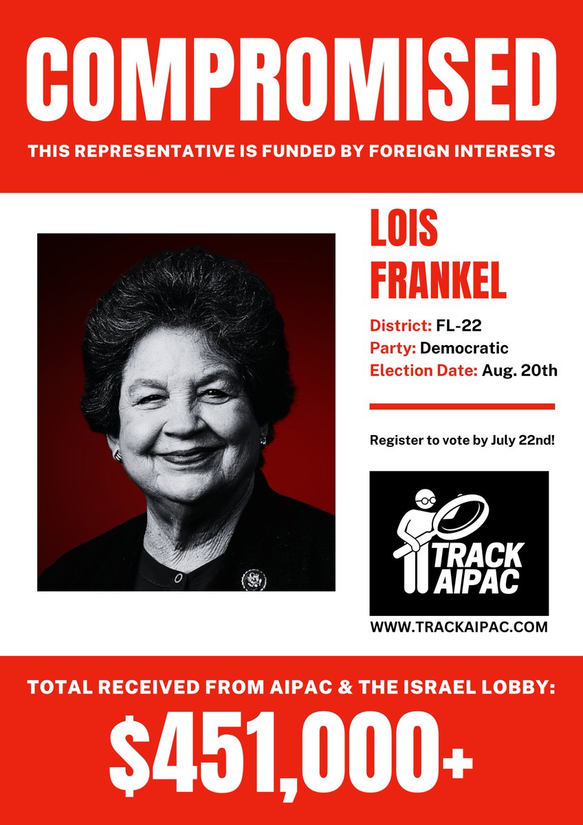 @RepLoisFrankel Lois Frankel takes MAGA money. She has received >$451,000 from AIPAC and their allies - funded by anti-choice Republican extremists. AIPAC is Lois Frankel's top contributor. #RejectAIPAC