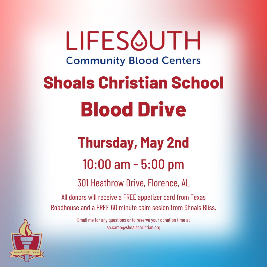 *Florence, AL area* This Thursday from 10 am - 5 pm, the SCS @LifeSouth Club will be holding our final blood drive of the school year. Free items will be given to anyone who donates! Feel free to email or message me to reserve your donation time.