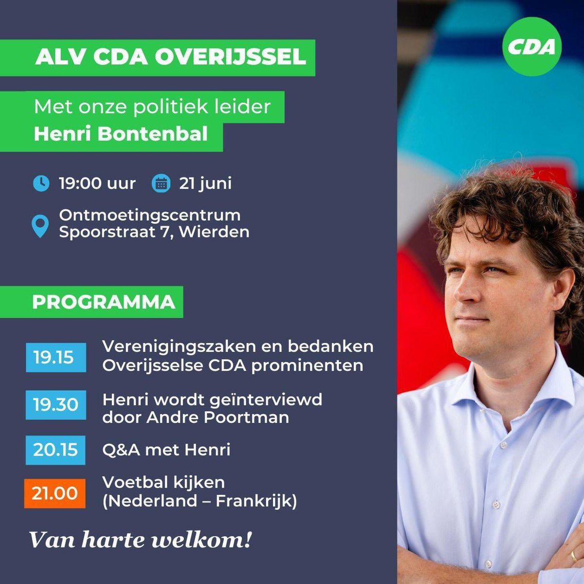In juni komt partijleider <a href="/HenriBontenbal/">Henri Bontenbal</a> van <a href="/cdavandaag/">CDA</a> naar Overijssel voor een inspirerende en leuke avond! U bent meer dan welkom!