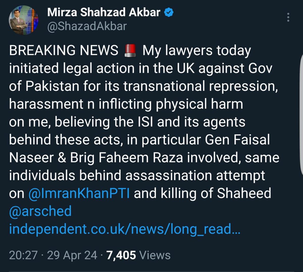 Great fight begins. My lawyers are doing the same from the US. ⁦@ShazadAkbar⁩